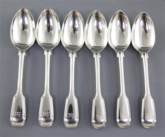 A set of six Victorian silver fiddle and thread dessert spoons, by Henry Lias Length: 7 ¼”/182mm Combined weight 12.2oz/345grm